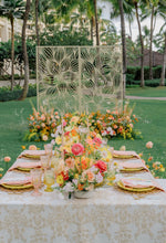 Load image into Gallery viewer, Hawaii ceremony backdrop - cut out champagne metal cut out plumeria screen- rental wedding company - reception wedding dining table at Four Seasons Oahu
