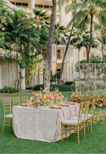 Load image into Gallery viewer, Hawaii ceremony backdrop - cut out champagne metal cut out plumeria screen- rental wedding company - reception wedding dining table at Four Seasons Oahu