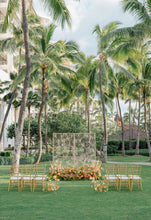 Load image into Gallery viewer, Hawaii ceremony backdrop - cut out champagne metal cut out plumeria screen- rental wedding company - wedding ceremony  at Four Seasons Oahu