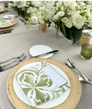 Load image into Gallery viewer, Rattan natural charger plate  - wedding rentals in Hawaii with celadon napkins