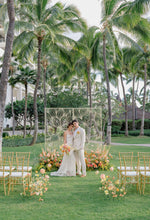 Load image into Gallery viewer, Hawaii ceremony backdrop - cut out champagne metal cut out plumeria screen- rental wedding company - ceremony  wedding  at Four Seasons Oahu