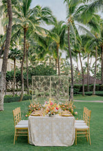 Load image into Gallery viewer, Hawaii ceremony backdrop - cut out champagne metal cut out plumeria screen- rental wedding company 
Reception wedding  dining table at Four Seasons Oahu