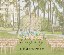 Load image into Gallery viewer, Hawaii ceremony backdrop - cut out champagne metal cut out plumeria screen- rental wedding company - wedding  ceremony at Four Seasons Oahu