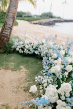 Load image into Gallery viewer, Oahu Hawaii ceremony beach ground florals 
Hawaii ceremony altar with blue, white  & creme flowers