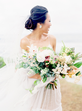 Load image into Gallery viewer, European/ Tropical  bridal bouquet with mixed euro pastel blooms, orchids, protea & roses for your Hawaii beach wedding