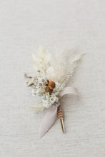 Load image into Gallery viewer, Dried white flower boutonniere with silk ribbon  for weddings - oahu hawaii