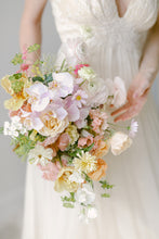 Load image into Gallery viewer, European bridal bouquet with mixed euro pastel blooms & orchids for your Hawaii wedding
