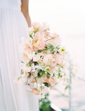 Load image into Gallery viewer, Mixed pastel colored  European  bridal bouquet with mixed roses, ranunculus  &  orchids for your Hawaii beach wedding on  Oahu