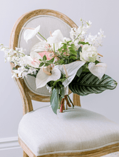 Load image into Gallery viewer, White tropical bridal bouquet with anthuriums & orchids